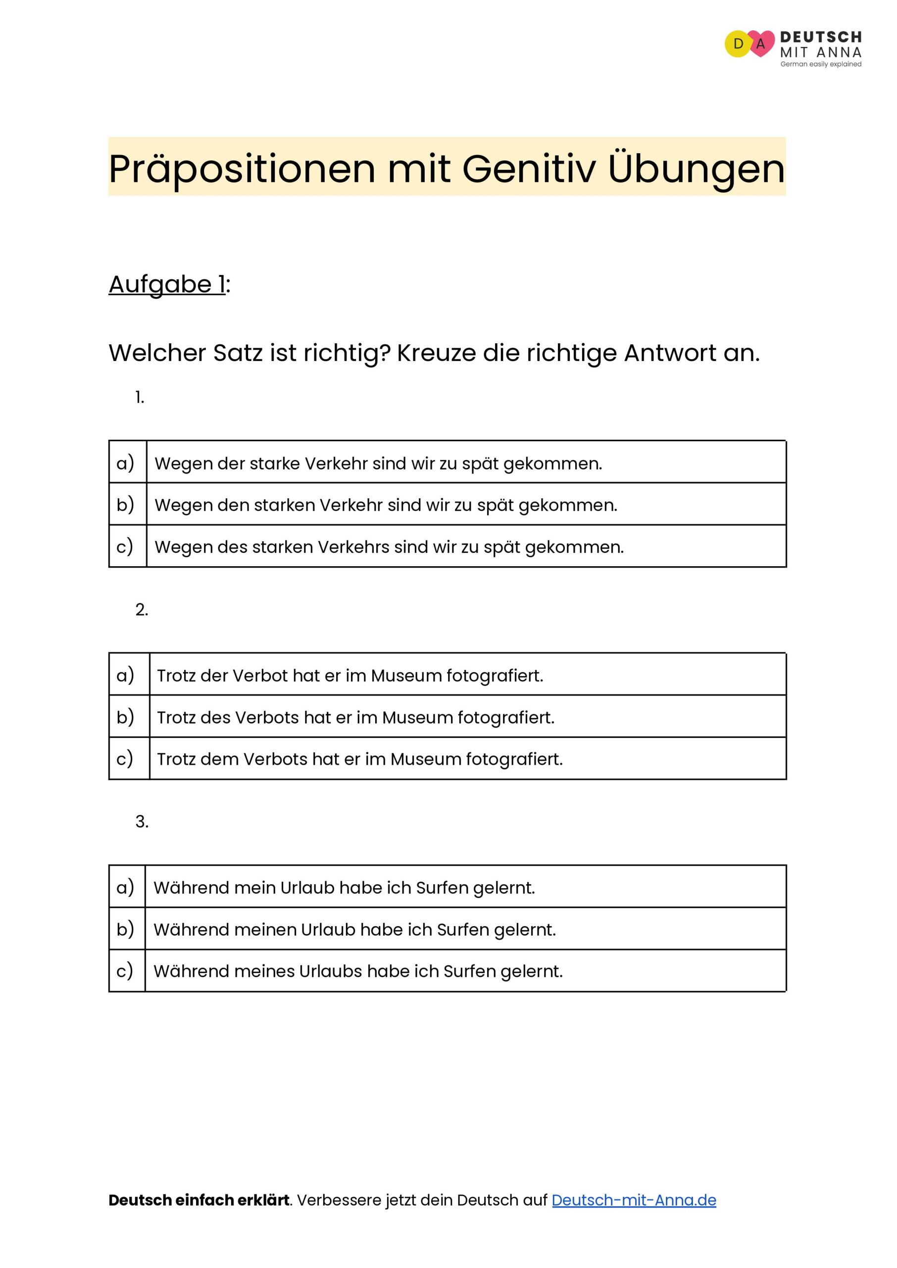 Präpositionen mit Genitiv Übungen mit Lösungen A1 B2 PDF