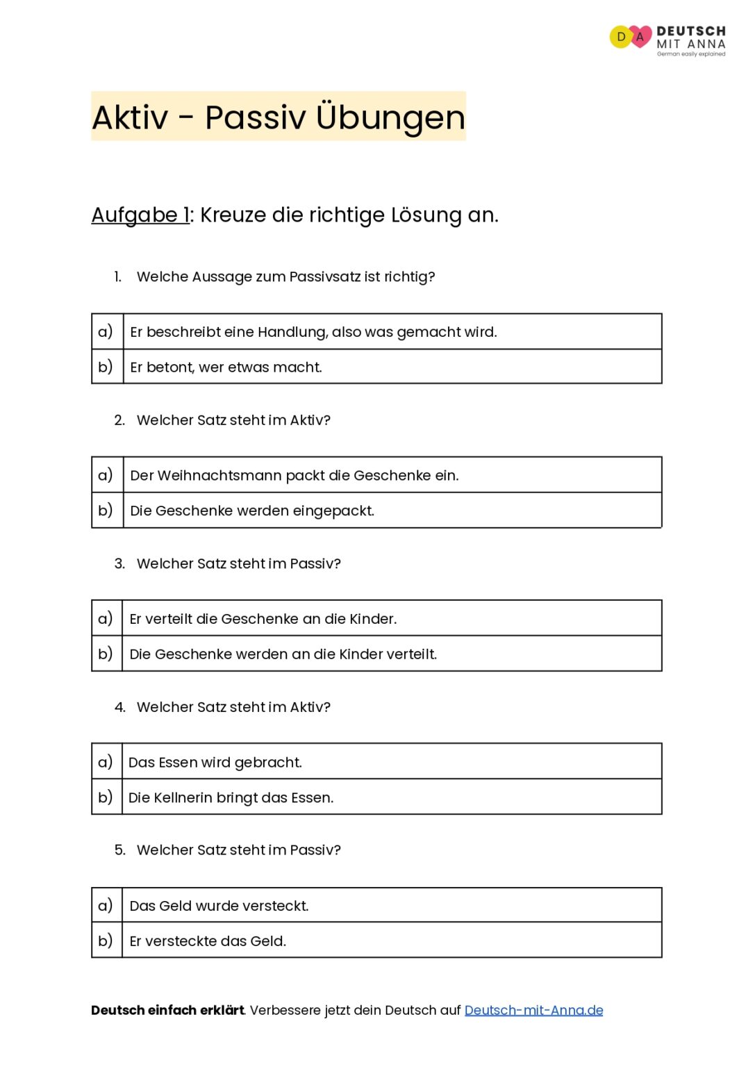 Aktiv - Passiv Übungen • mit Lösungen (A1 - B2) + PDF