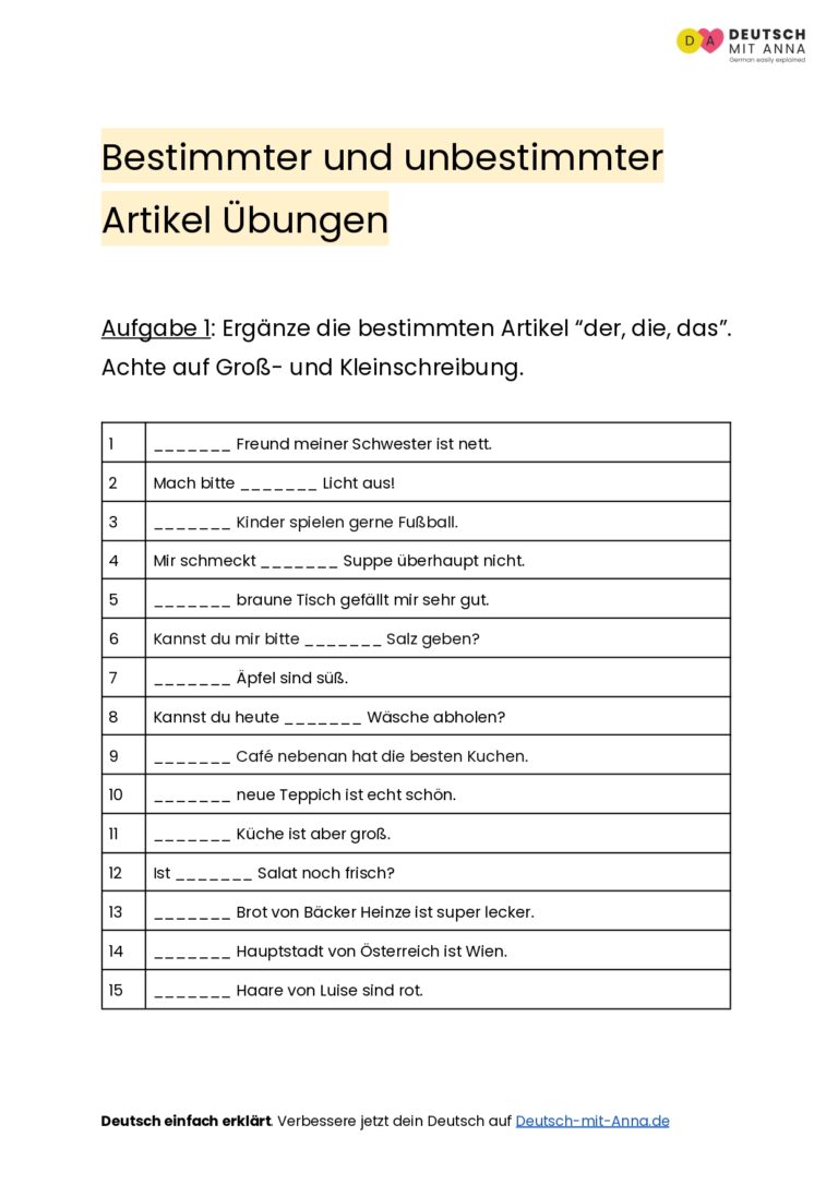Bestimmter und unbestimmter Artikel Übungen • mit Lösungen (A1 - B2) + PDF