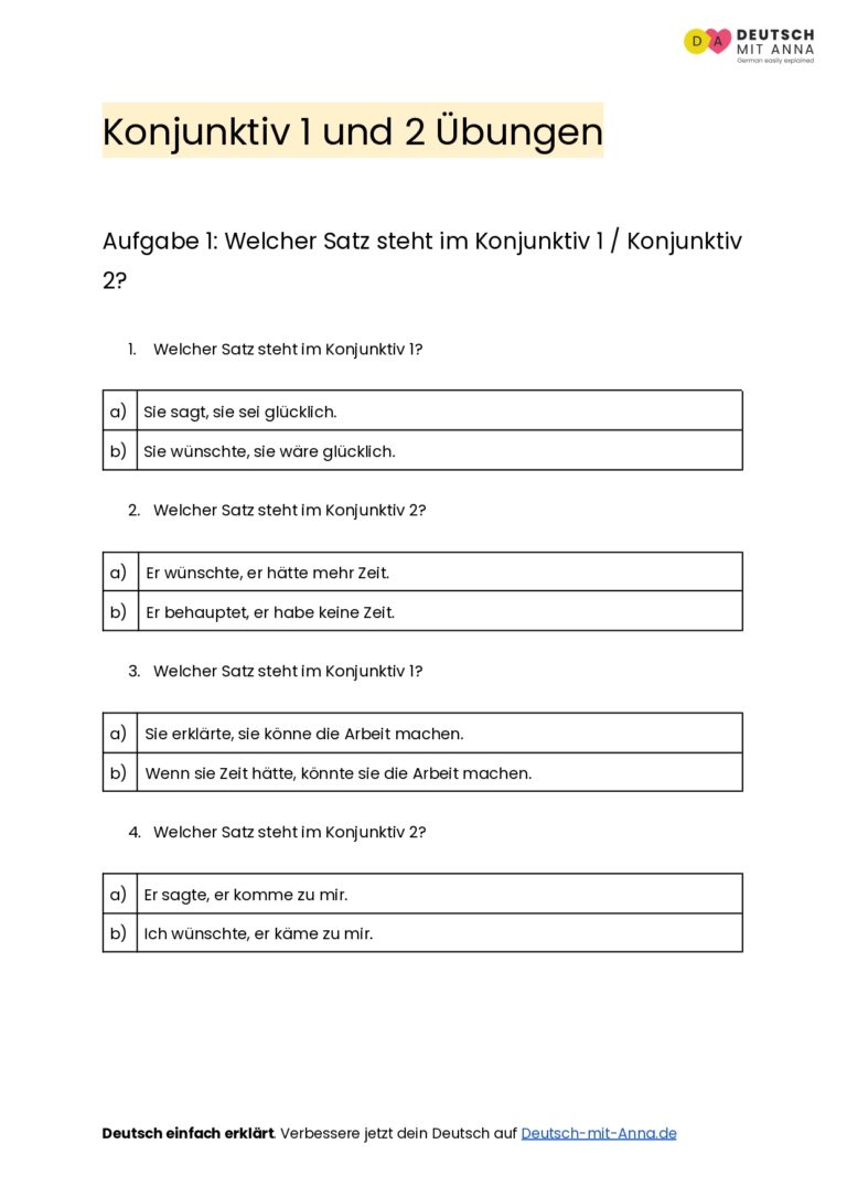 Konjunktiv 1 und 2 Übungen • mit Lösungen (A1 - B2) + PDF