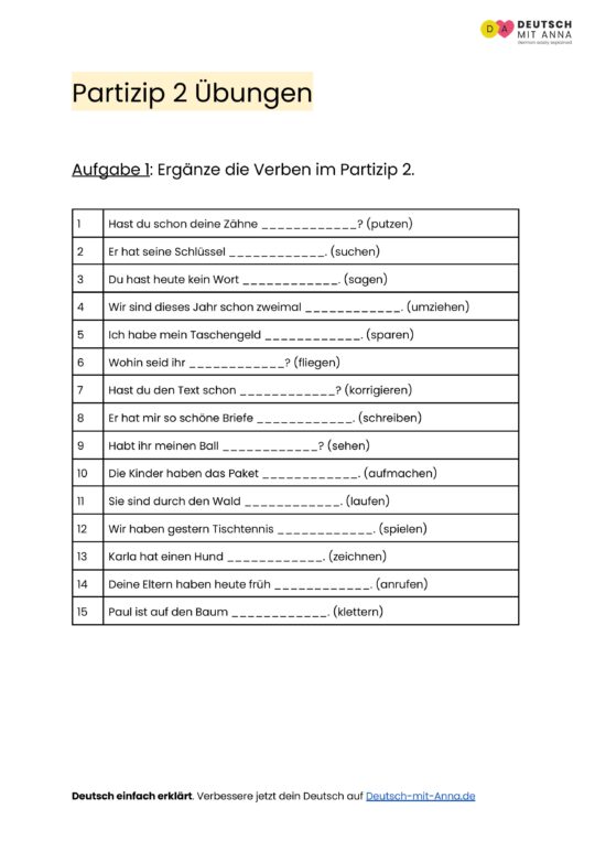 Partizip 2 Übungen • mit Lösungen (A1 - B2) + PDF