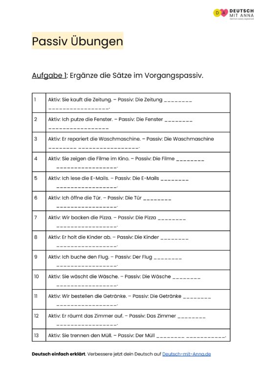 Passiv Übungen • mit Lösungen (A1 - B2) + PDF