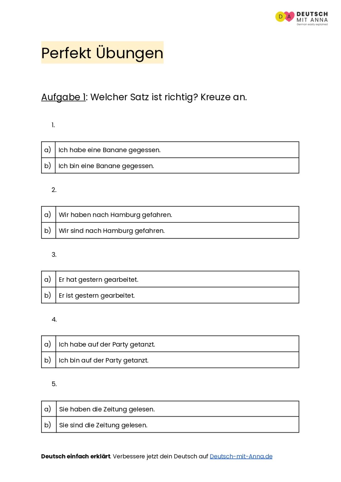Perfekt übungen Pdf Mit Lösungen