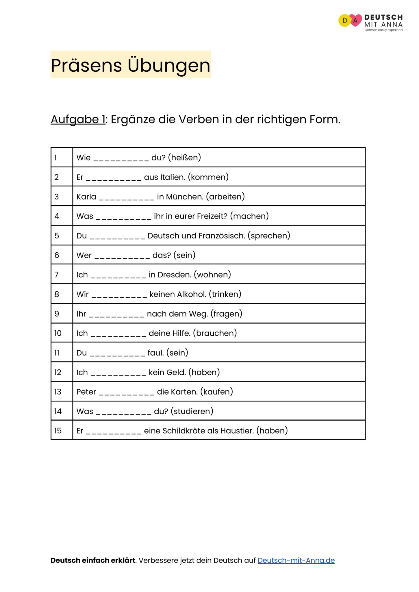 Präsens Übungen • mit Lösungen (A1 - B2) + PDF