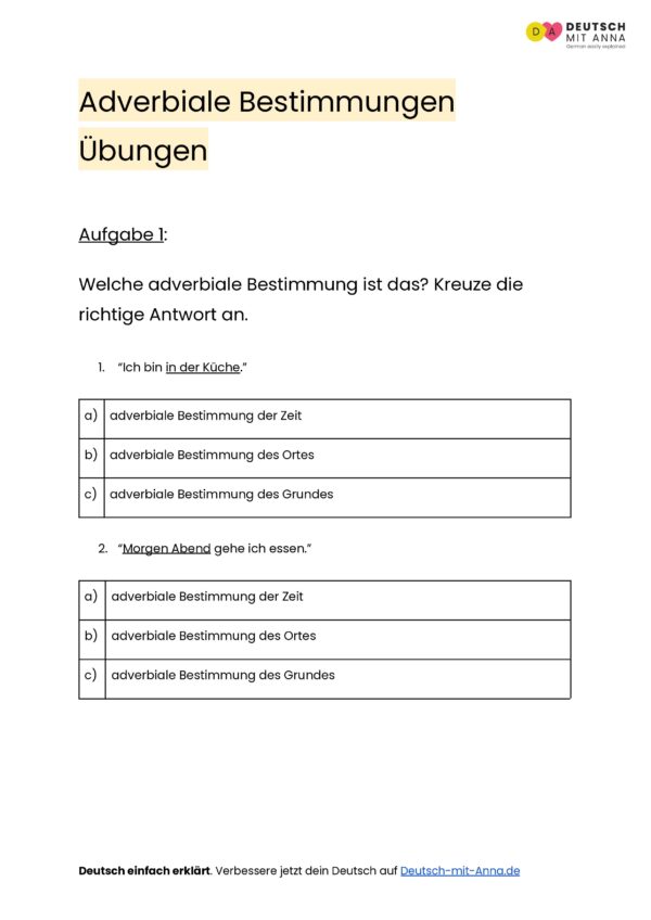 Welche Adverbialen Bestimmungen Gibt Es Adverbiale Bestimmung Übungen • mit Lösungen (A1 - B2) + PDF