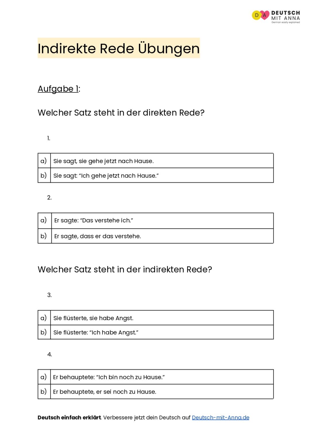 übungen Indirekte Rede Deutsch Indirekte Rede Übungen • mit Lösungen (A1 - B2) + PDF