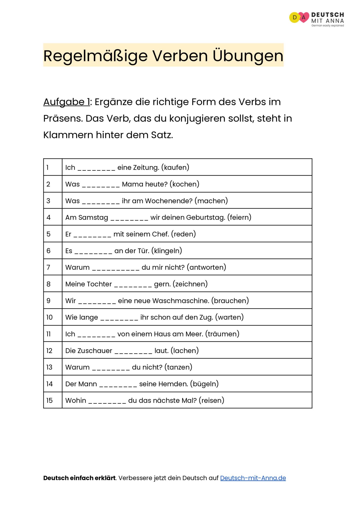 Regelmäßige Verben Übungen • mit Lösungen (A1 - B2) + PDF
