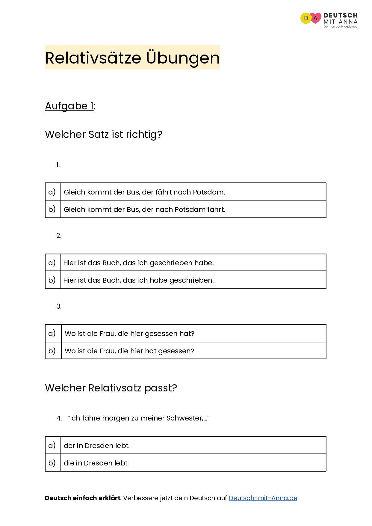 Relativsätze Übungen • mit Lösungen (A1 - B2) + PDF