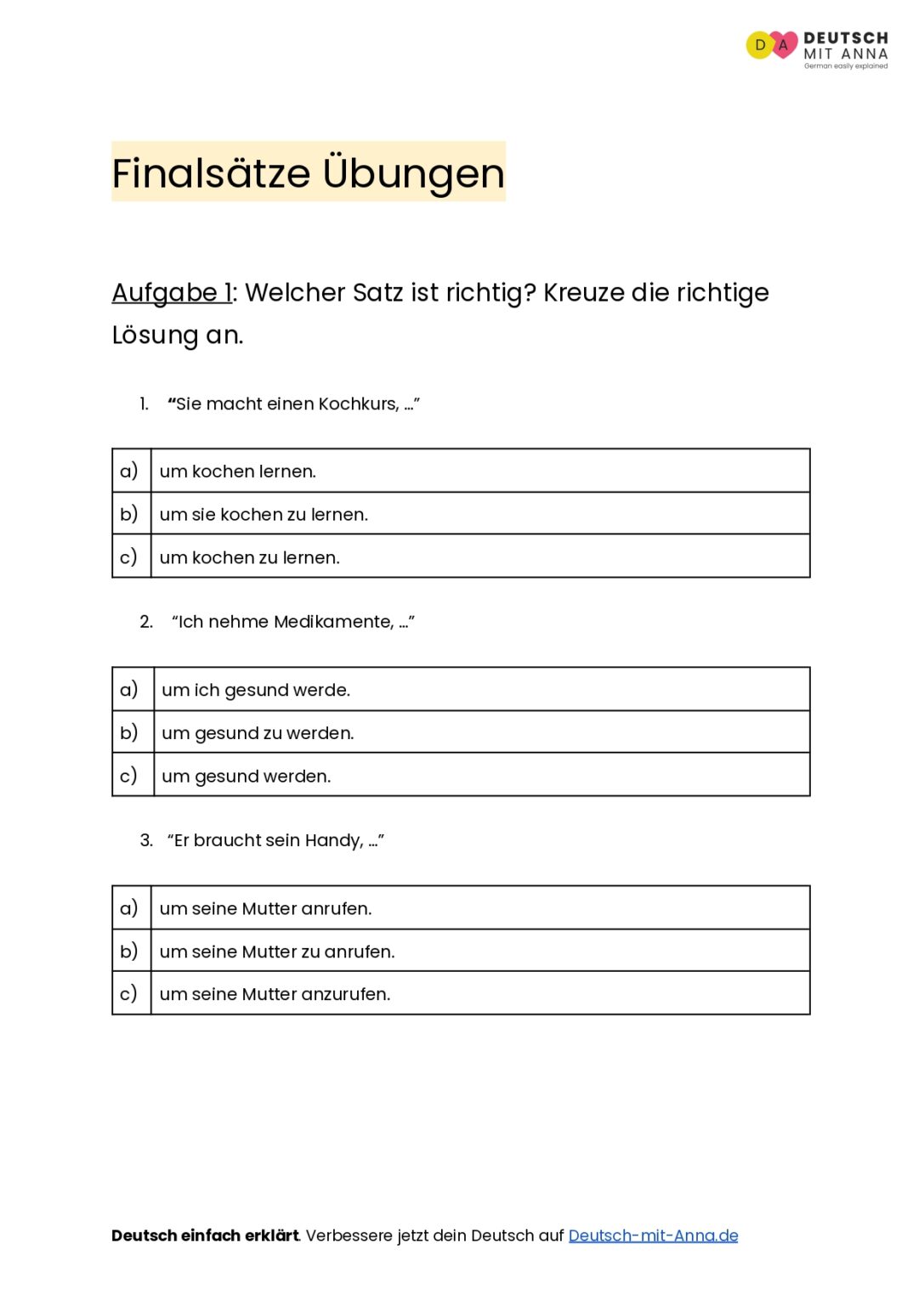 Übungen zu Finalsätzen (A1 - B2) - mit Lösungen & PDF