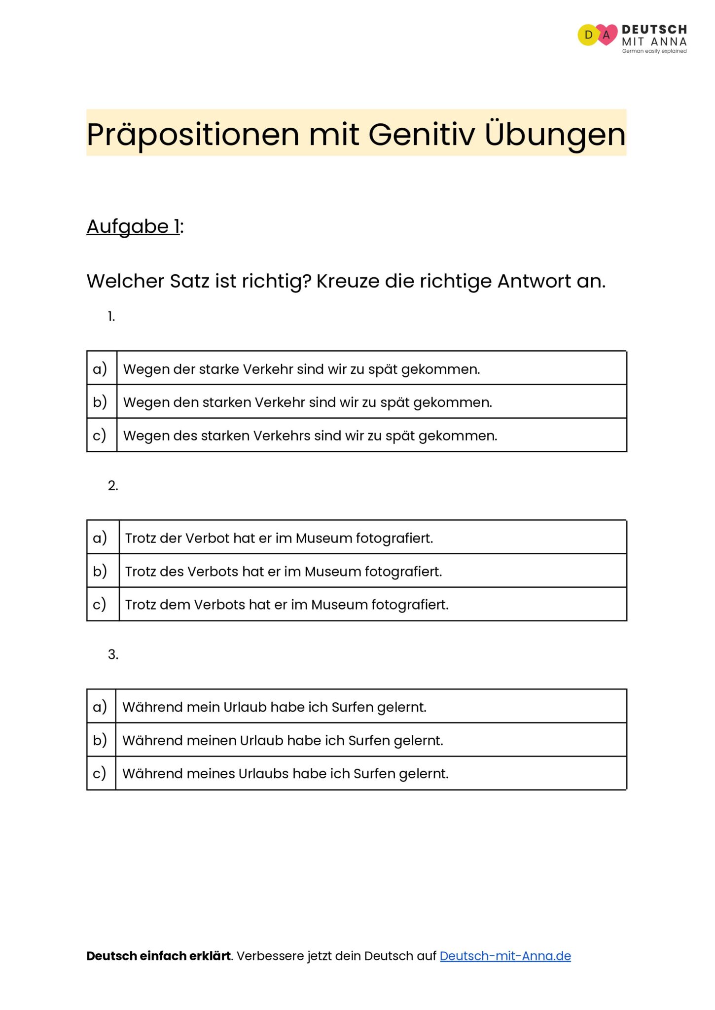 Präpositionen mit Genitiv Übungen • mit Lösungen (A1 - B2) + PDF