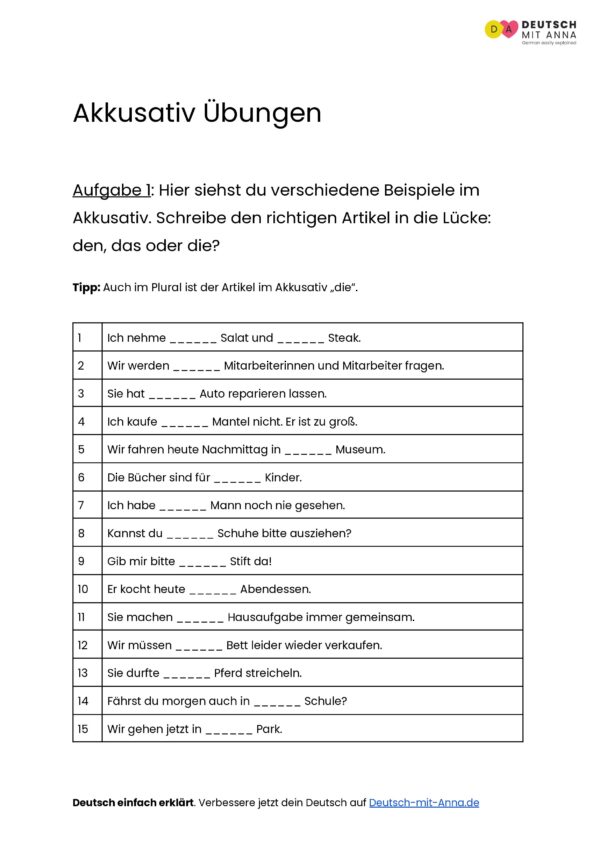 Akkusativ Übungen • mit Lösungen (A1 - C1) + mit PDF