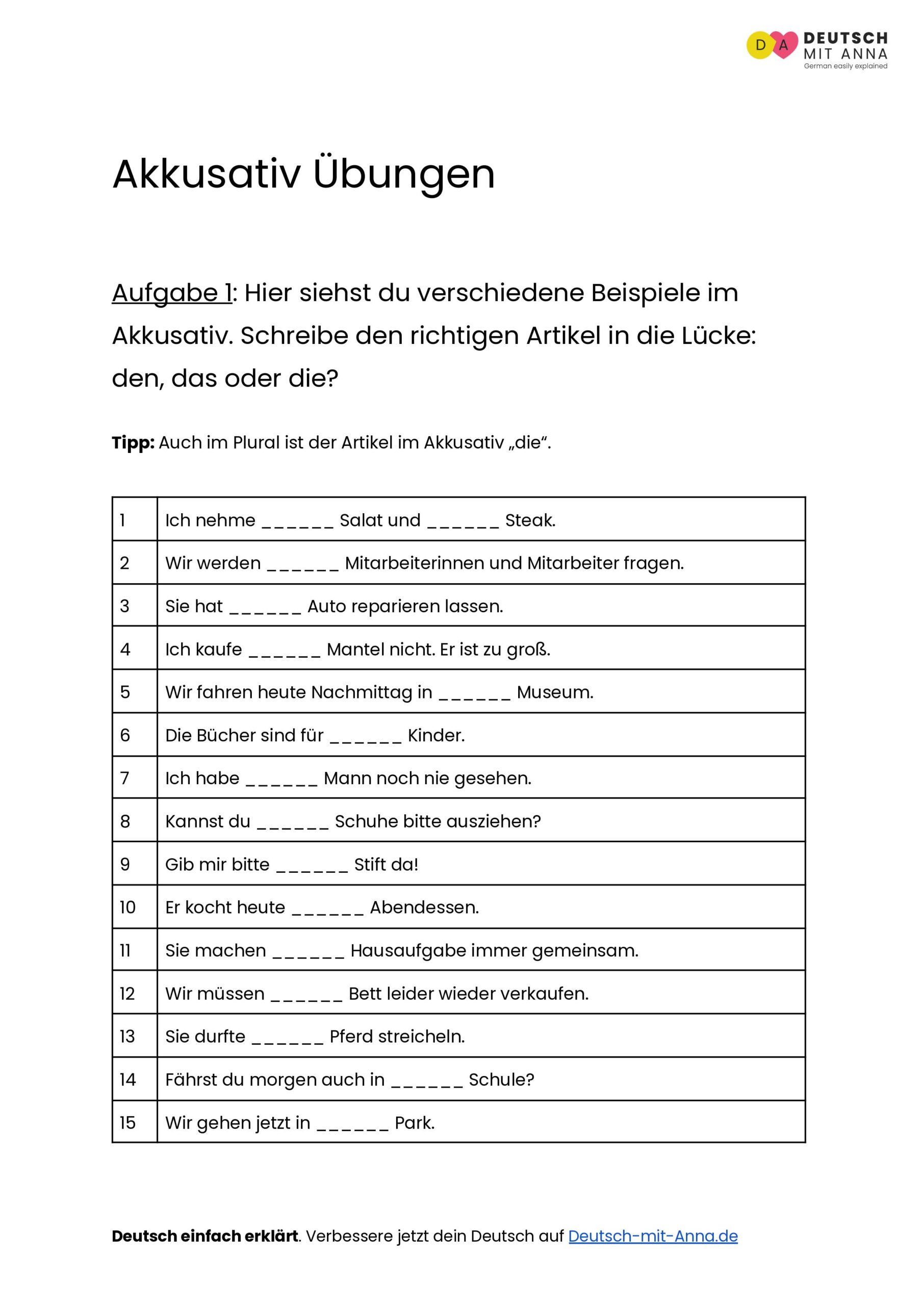 Akkusativ Übungen • mit Lösungen (A1 - C1) + mit PDF