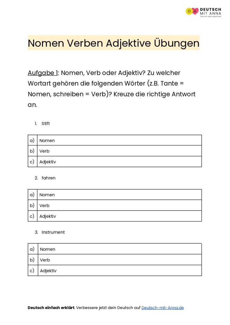 Nomen Verben Adjektive Übungen • mit Lösungen (A1 - B2) + PDF