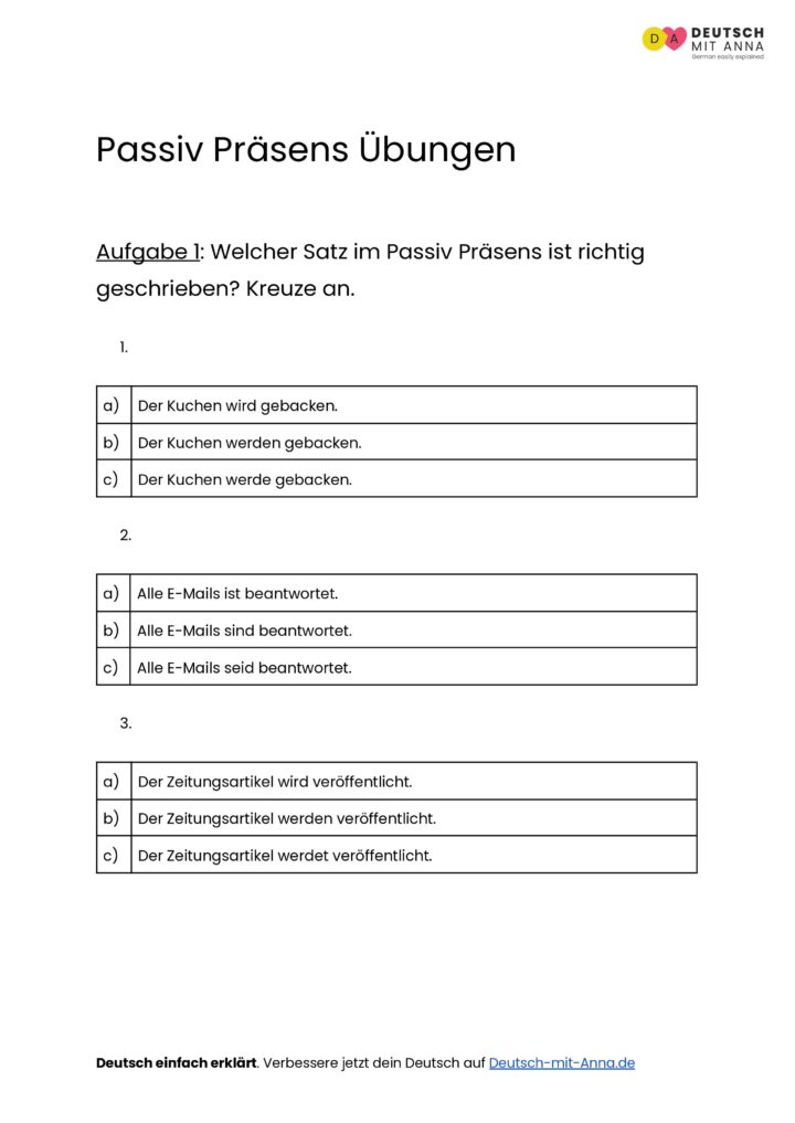 Passiv Präsens Übungen • mit Lösungen (A1 - C1) + PDF