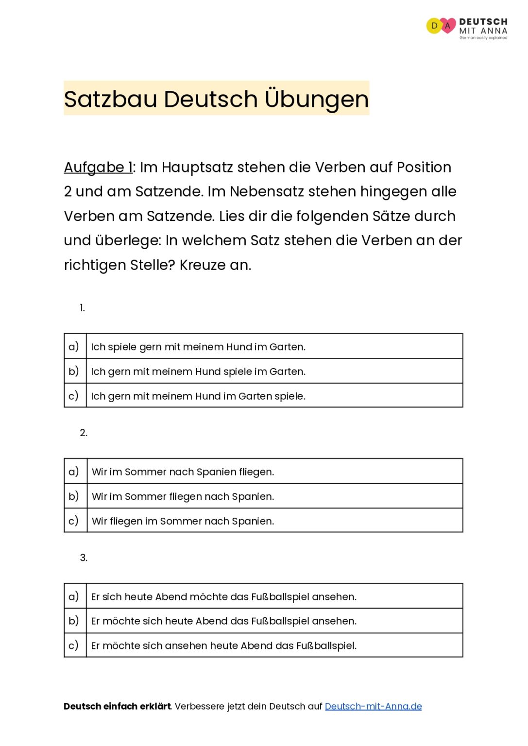 Satzbau Deutsch Übungen • mit Lösungen (A1 - B2) + PDF