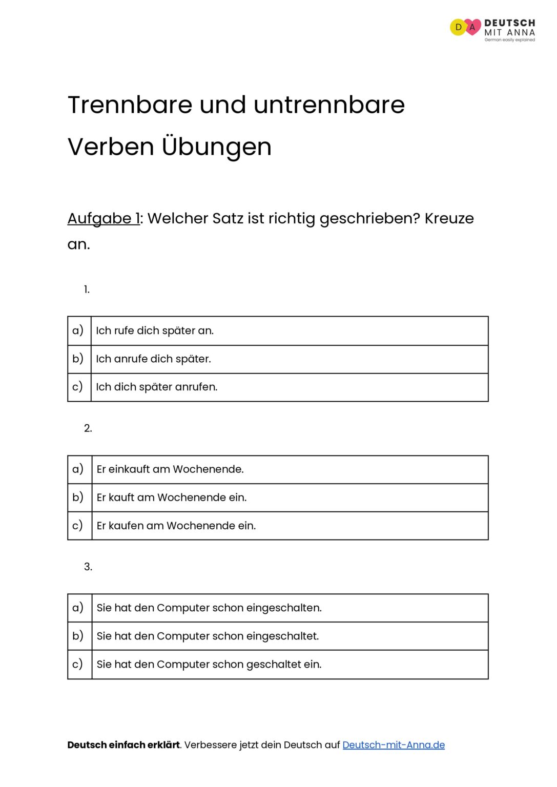 Trennbare und untrennbare Verben Übungen • mit Lösungen (A1 - B2) + PDF