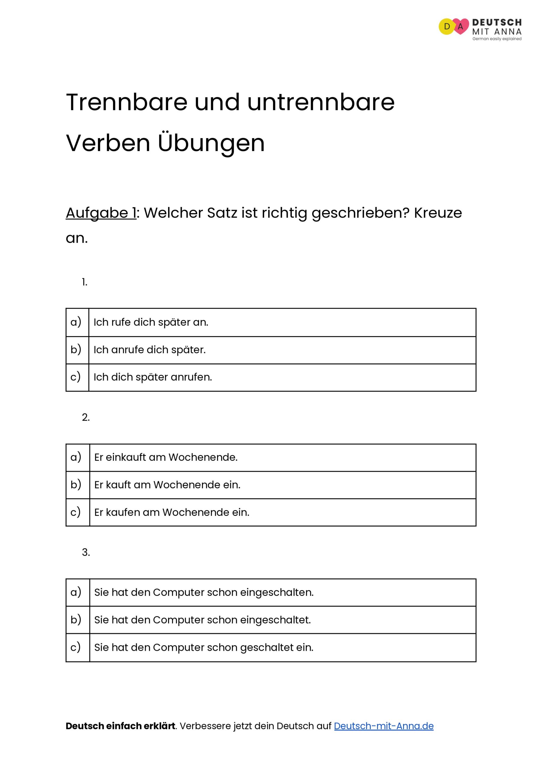 Trennbare und untrennbare Verben Übungen • mit Lösungen (A1 - B2) + PDF