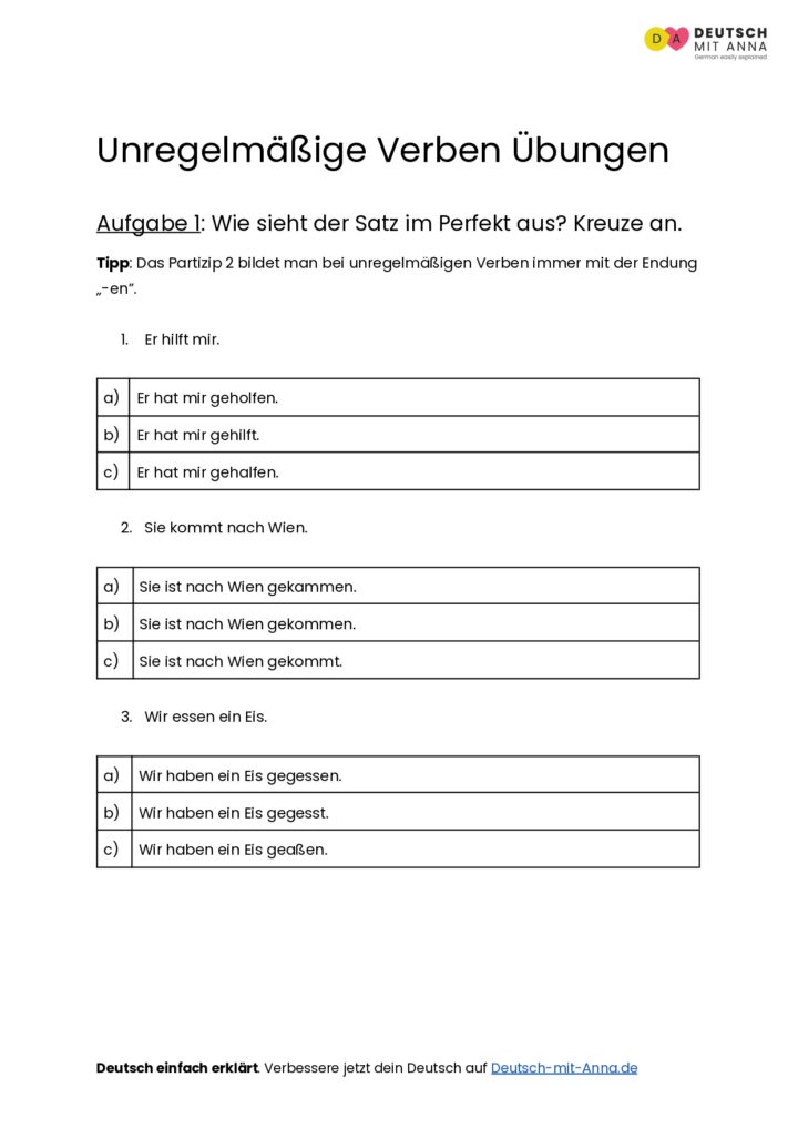 Unregelmäßige Verben Übungen • mit Lösungen (A1 - B2) + PDF