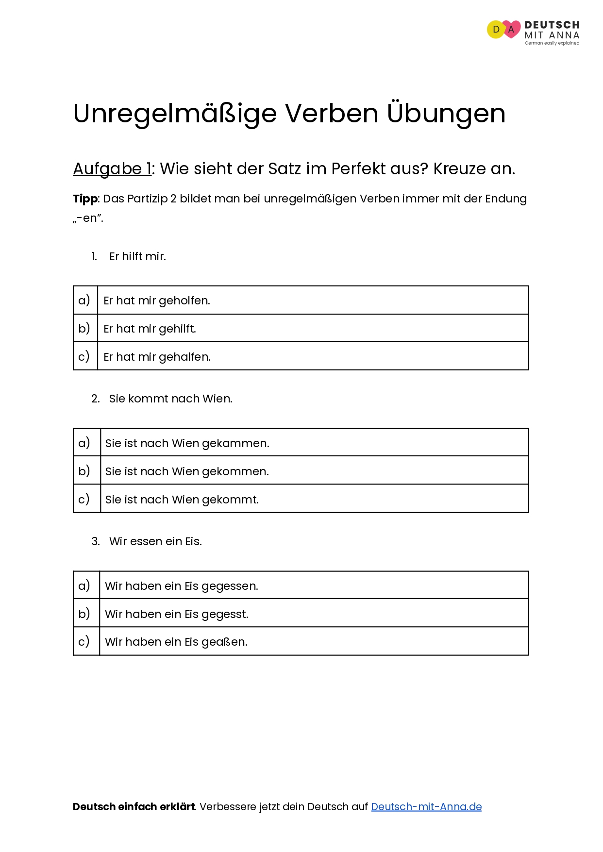 Unregelmäßige Verben Übungen • mit Lösungen (A1 - B2) + PDF