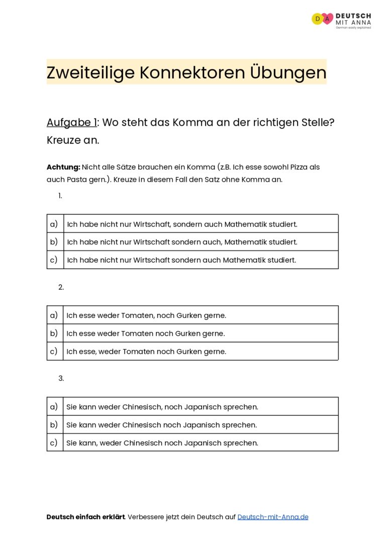 Zweiteilige Konnektoren Übungen • mit Lösungen (A1 - C1) + PDF