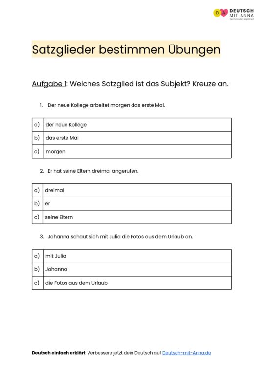 [Übungen] Satzglieder online bestimmen - mit Lösungen & PDF