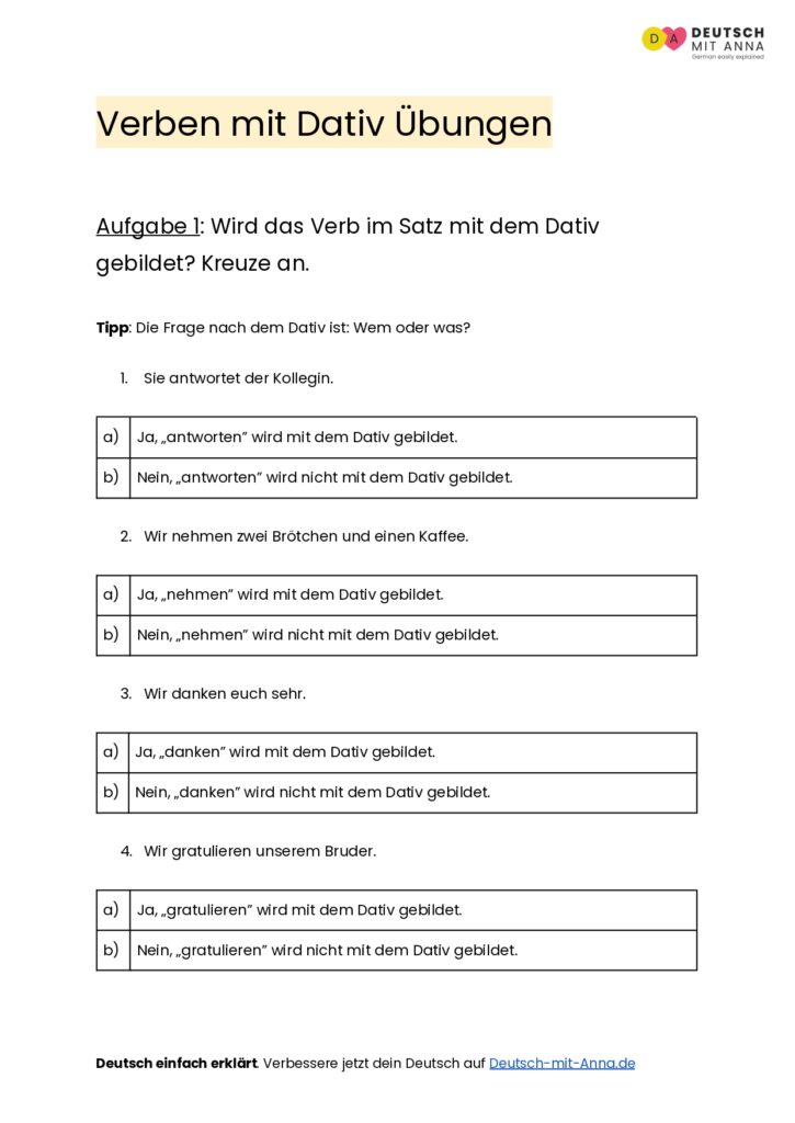 Verben mit Dativ Übungen • mit Lösungen (A1 - B2) + PDF