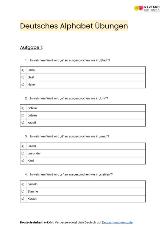 Deutsches Alphabet Übungen • mit Lösungen (A1 - B2) + PDF