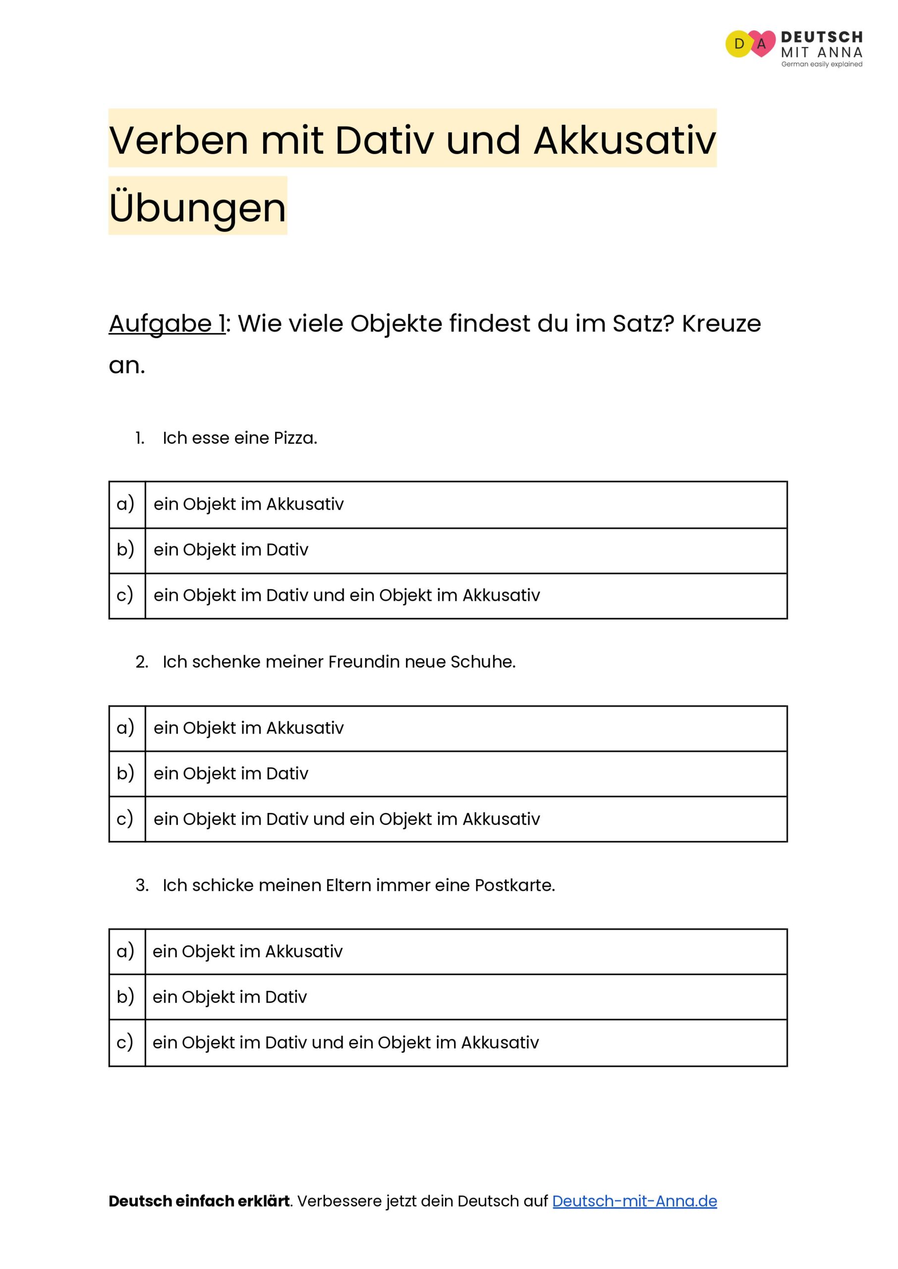 Verben mit Dativ und Akkusativ Übungen • mit Lösungen (A1 - B2) + PDF