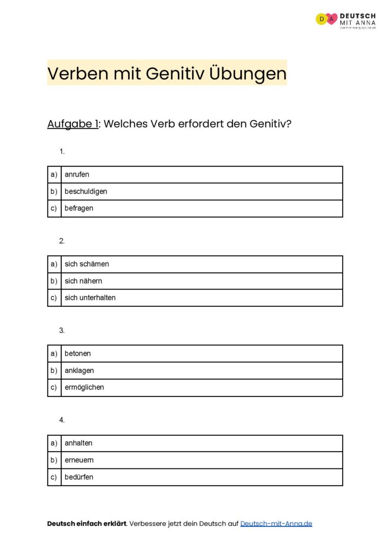 Verben mit Genitiv Übungen • mit Lösungen (A1 - B2) + PDF