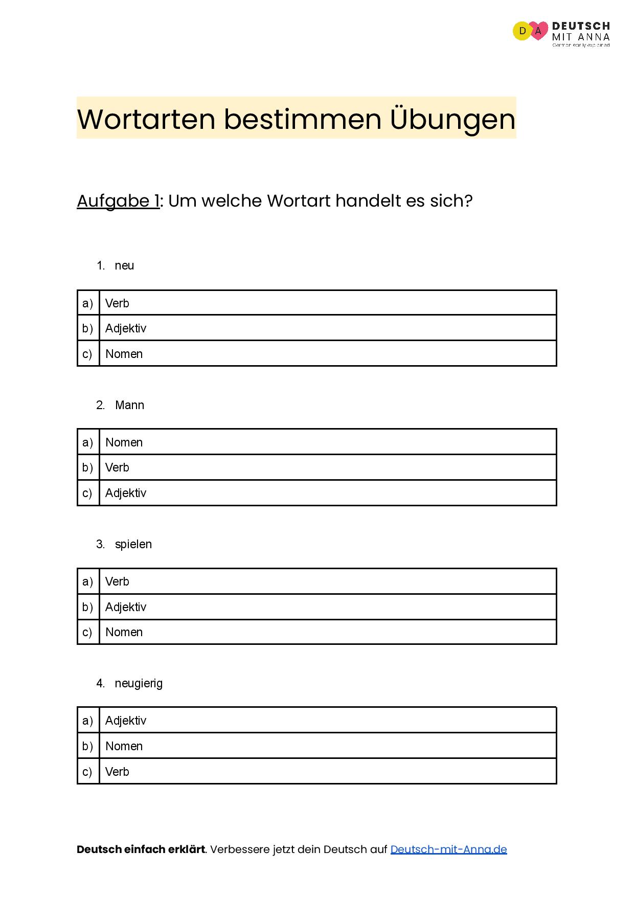 Wortarten bestimmen Übungen • mit Lösungen (A1 - B2)   PDF