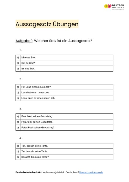 Aussagesatz Übungen • mit Lösungen (A1 - B2) + PDF