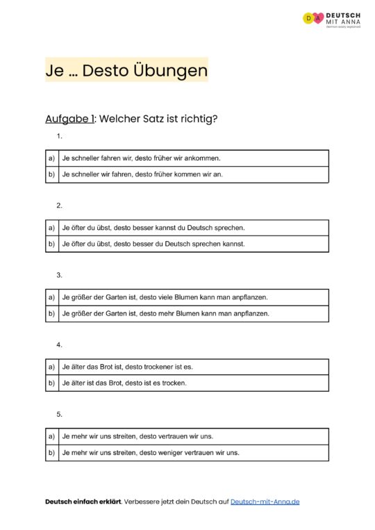 Je... Desto Übungen • mit Lösungen (A1 - B2) PDF