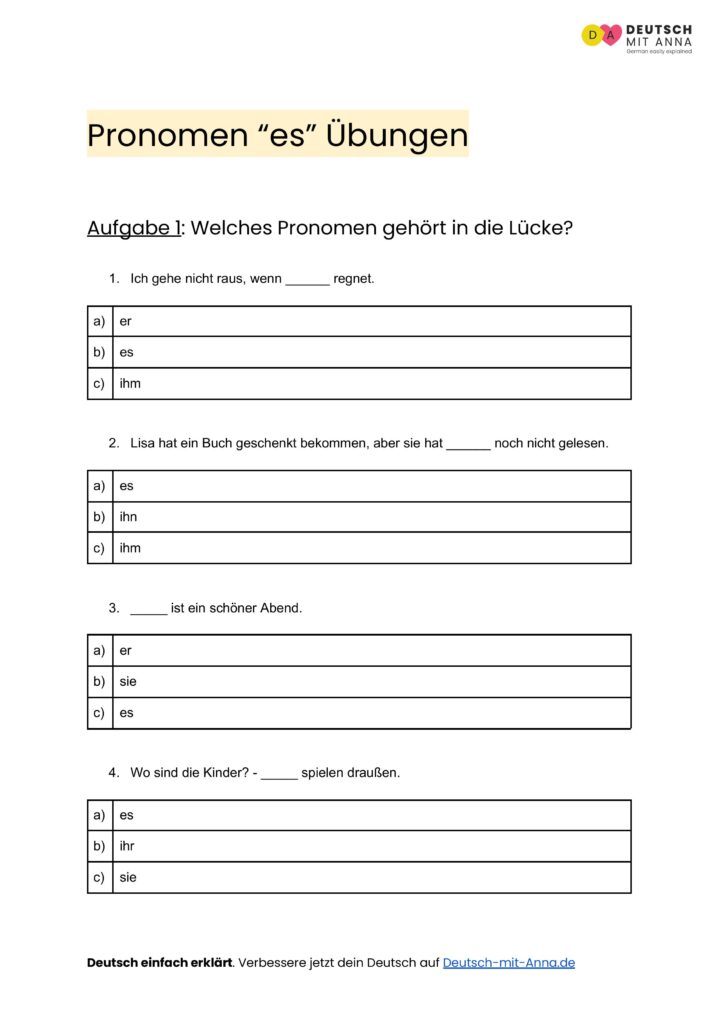Pronomen "es" Übungen • mit Lösungen (A1 - B2) + PDF