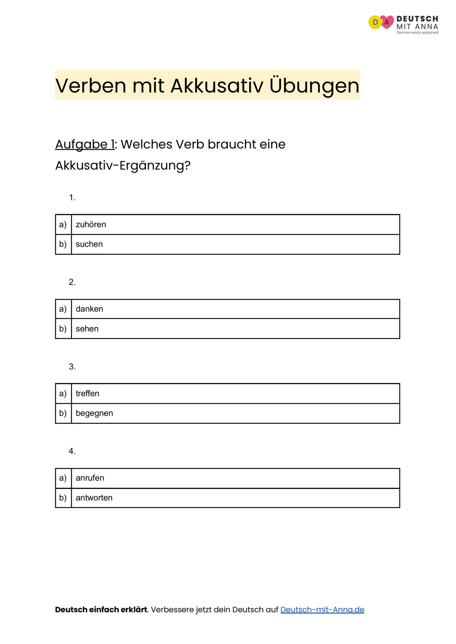 Verben mit Akkusativ Übungen • mit Lösungen (A1 - B2) + PDF