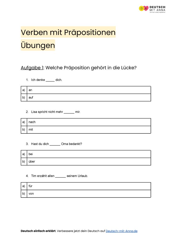 Verben mit Präpositionen Übungen • mit Lösungen (A1 - B2) + PDF