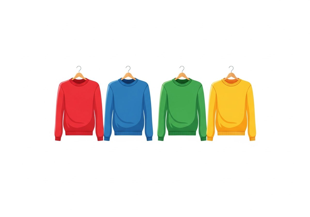 Vier bunte Pullover in verschiedenen Farben auf Kleiderbügeln
