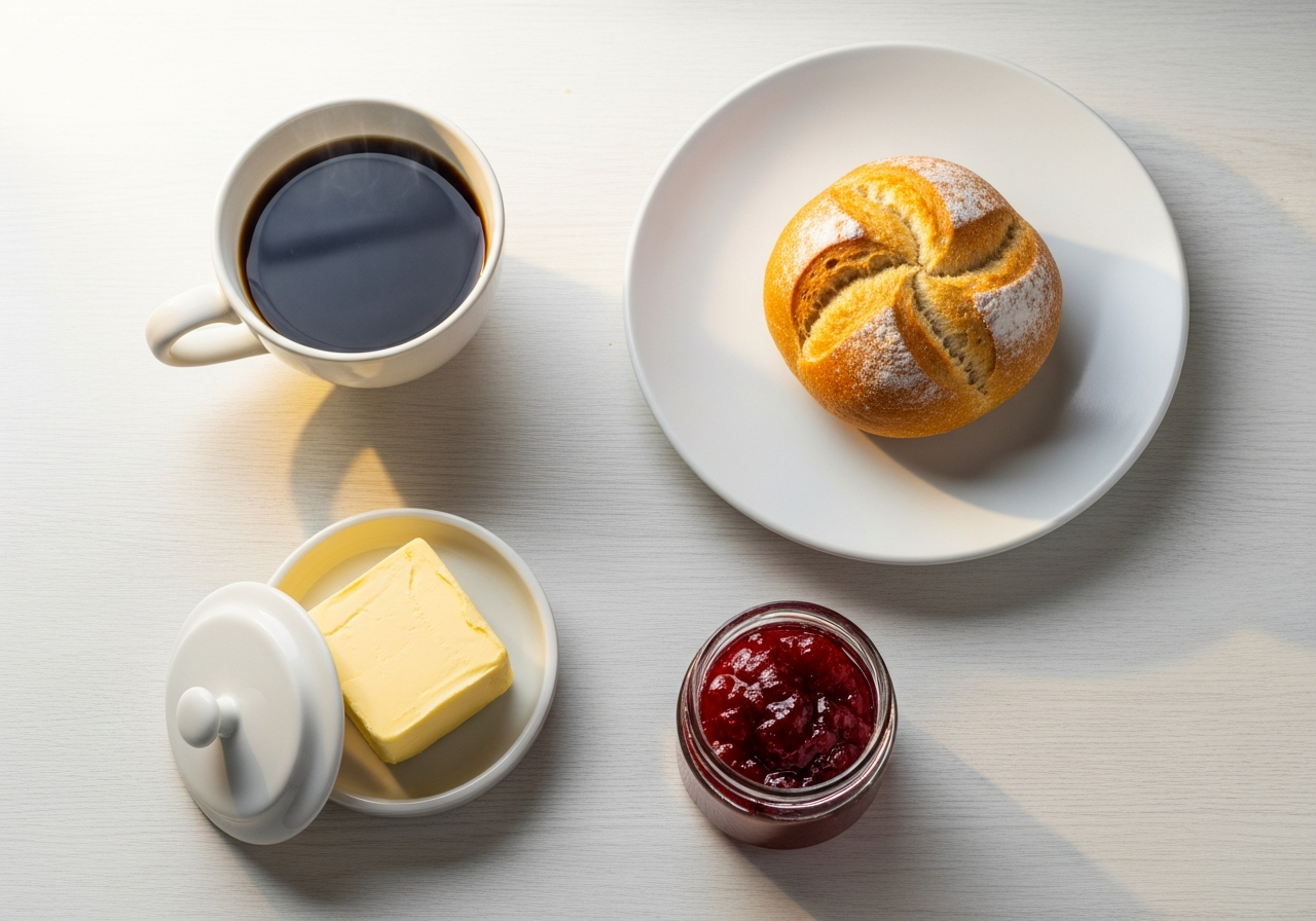 Ein gedeckter Frühstückstisch mit Kaffee, Brötchen, Marmelade und Butter