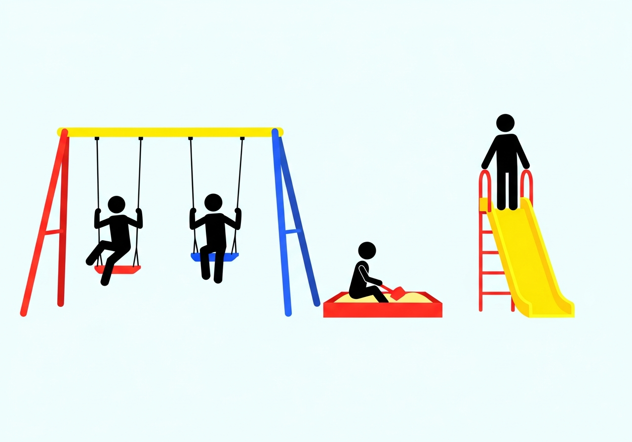 Vier Kinder spielen auf einem Spielplatz mit Schaukel, Rutsche und Sandkasten