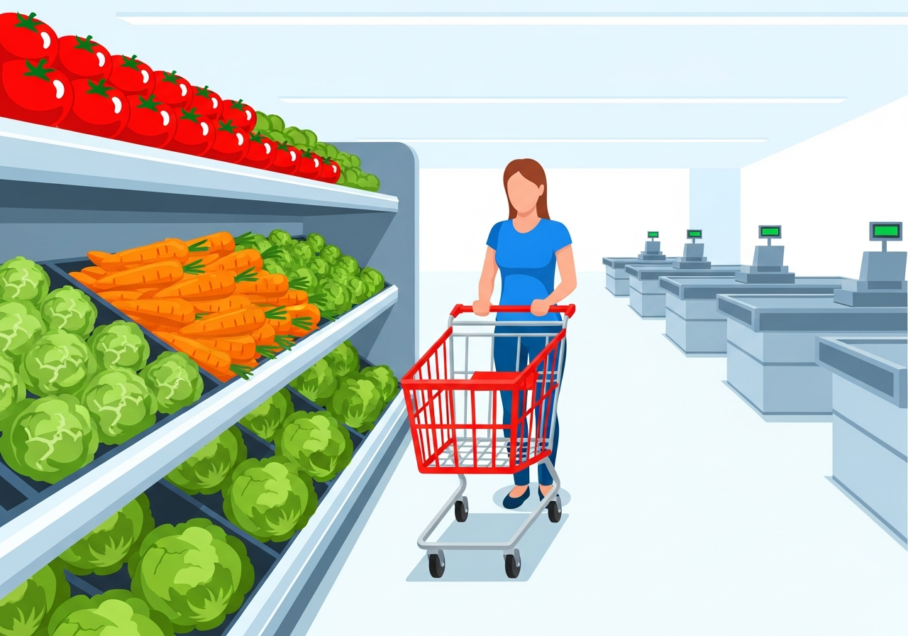 Eine Frau mit Einkaufswagen zwischen Supermarktregalen