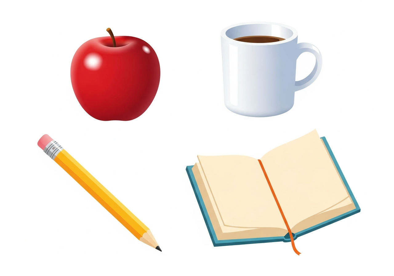 Ein Tisch mit Apfel, Buch, Becher und Bleistift