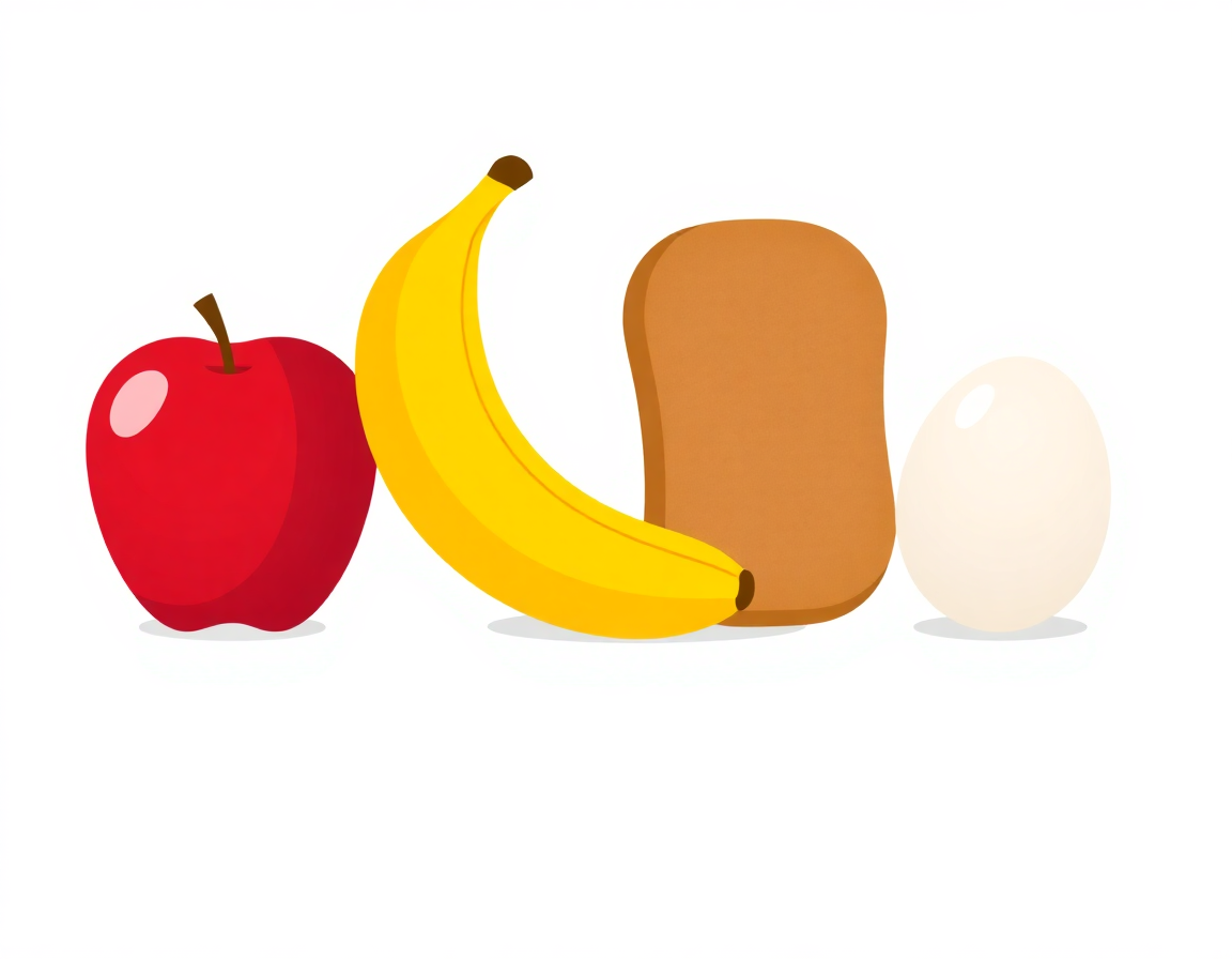 Vier Lebensmittel: Apfel, Banane, Brot und Ei