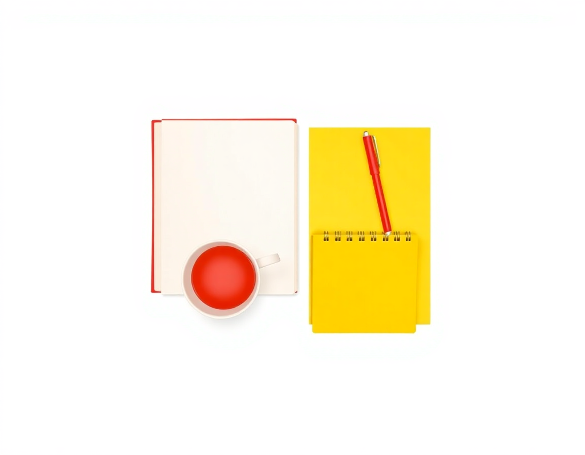 Schreibtisch mit Buch, Stift, Tasse und Heft