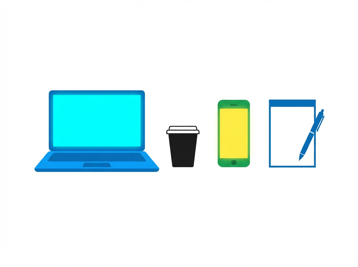 Ein Schreibtisch mit Laptop, Kaffeetasse, Smartphone und Notizblock