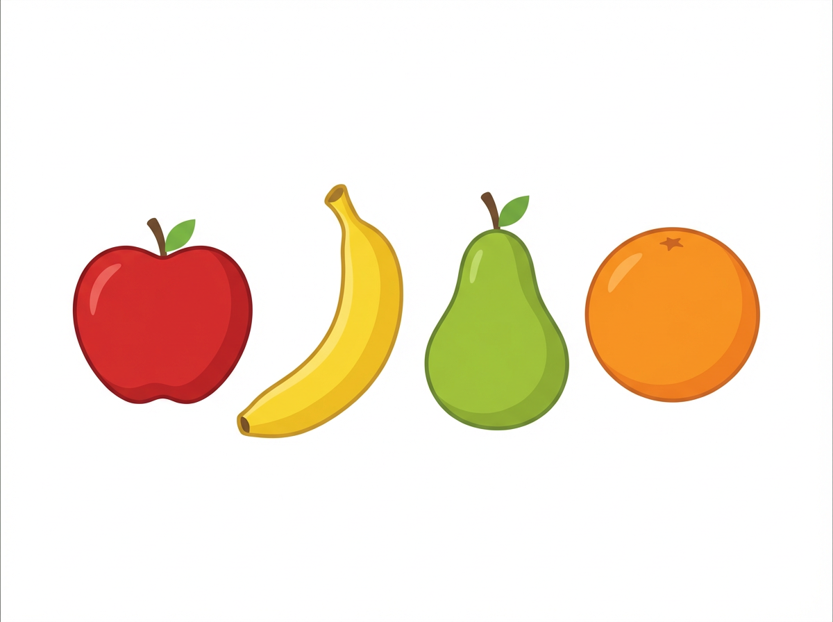 Ein roter Apfel, eine gelbe Banane, eine grüne Birne und eine orange Orange auf einem Tisch