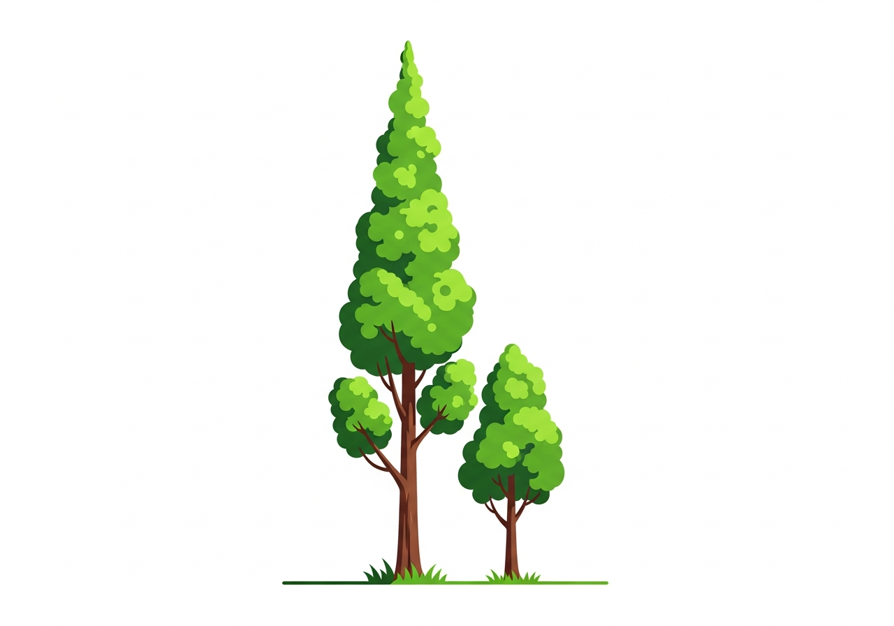 Zwei Bäume unterschiedlicher Größe: ein hoher Baum links und ein niedrigerer Baum rechts