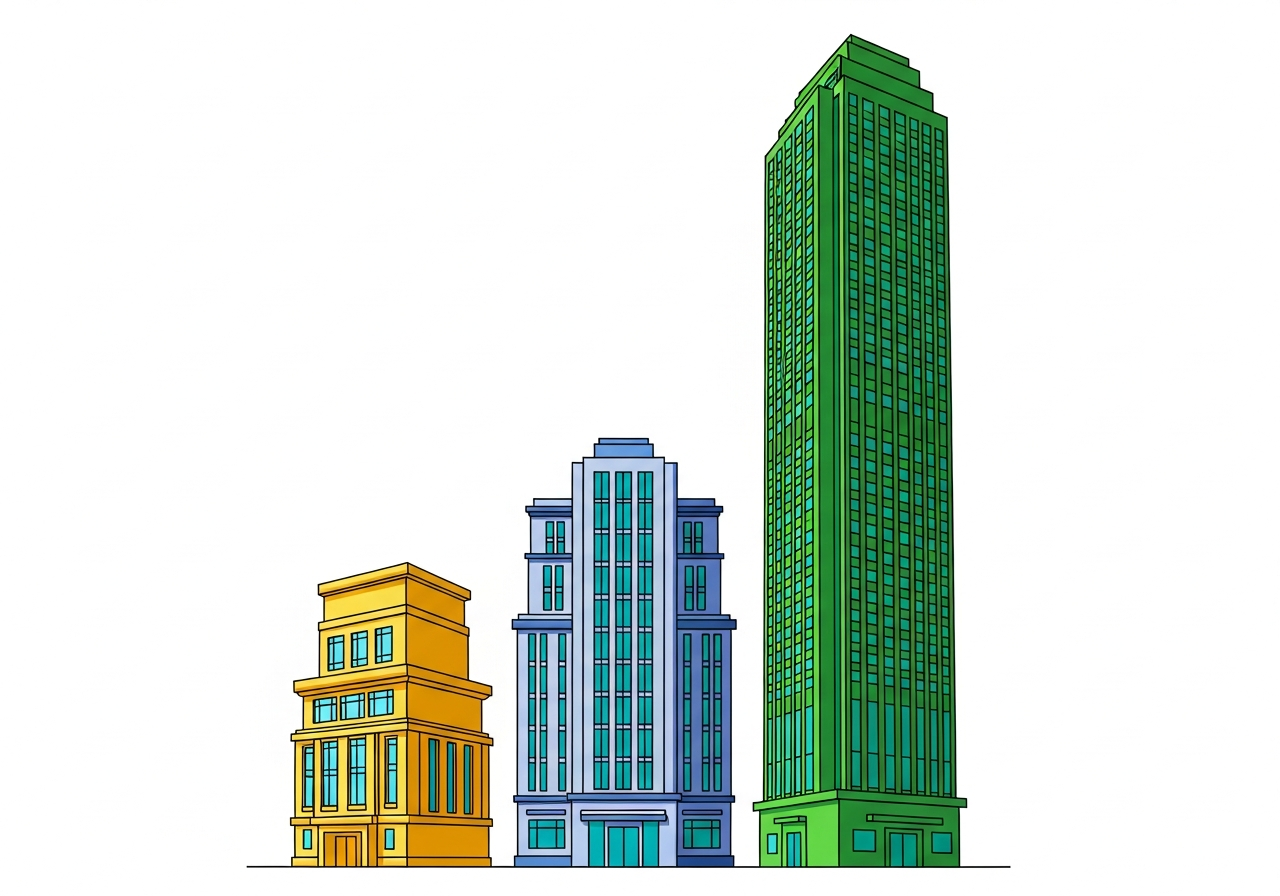 Drei Gebäude unterschiedlicher Höhe: ein kleines Haus links, ein mittelgroßes Gebäude in der Mitte und ein Hochhaus rechts