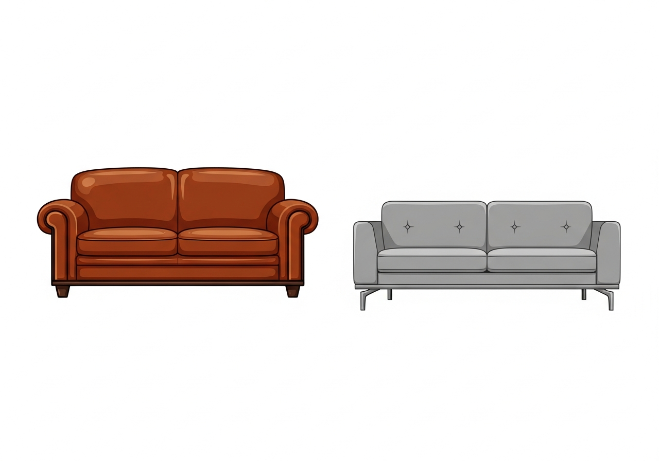 Ein altes klassisches Ledersofa und ein modernes graues Stoffsofa