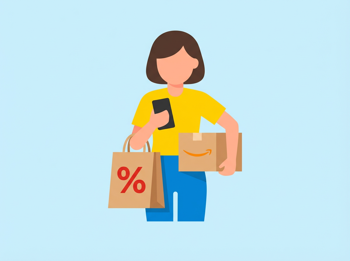 Eine Frau mit einem Smartphone, hält eine Einkaufstasche mit einem Prozent-Symbol und ein Paket mit Lächeln-Symbol