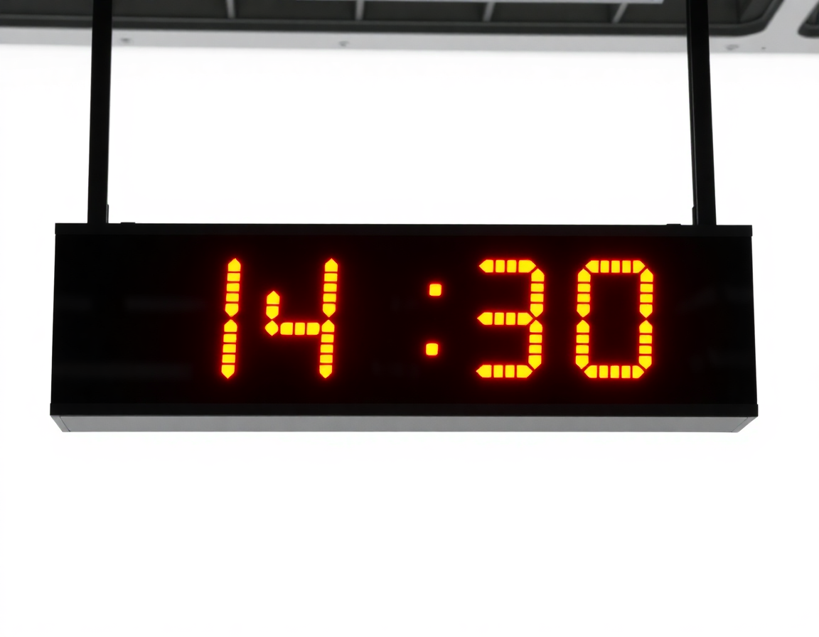 Digitale Bahnhofsuhr zeigt 14:30 Uhr