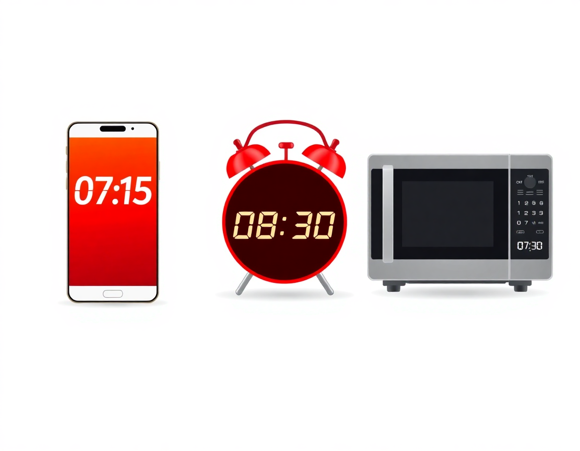 Drei digitale Displays mit verschiedenen Uhrzeiten: Handy 07:15, Wecker 08:30, Mikrowelle 07:30